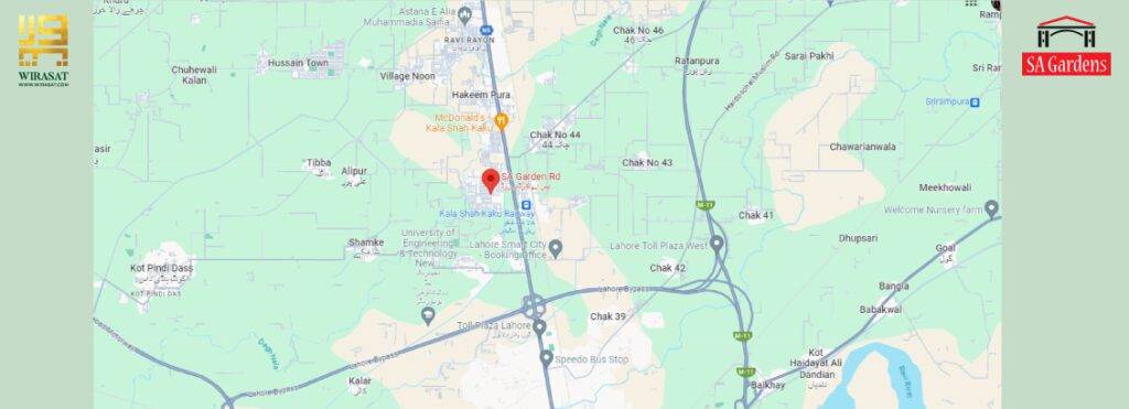 SA Gardens Lahore location map showing easy accesses to the housing society 