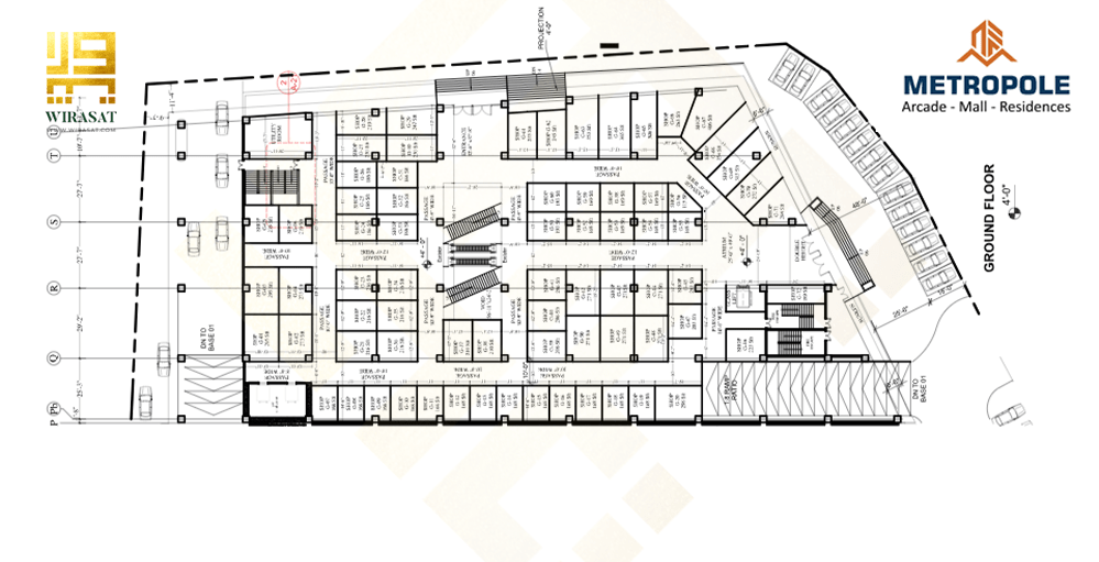 Metropole Arcade ground floor layout map showing the sizes of shops and offices 